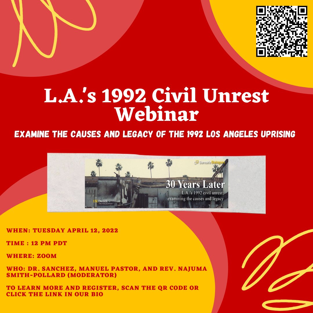 BH_Museum's tweet photo. Join Dr. Sanchez, Manuel Pastor, and Rev. Najuma Smith-Pollard (moderator) as they examine what led to LA's 1992 civil unrest 30 years later.

Link in Bio or Here: https://t.co/4zLn7DDDqq https://t.co/9nwhnuZ8sg