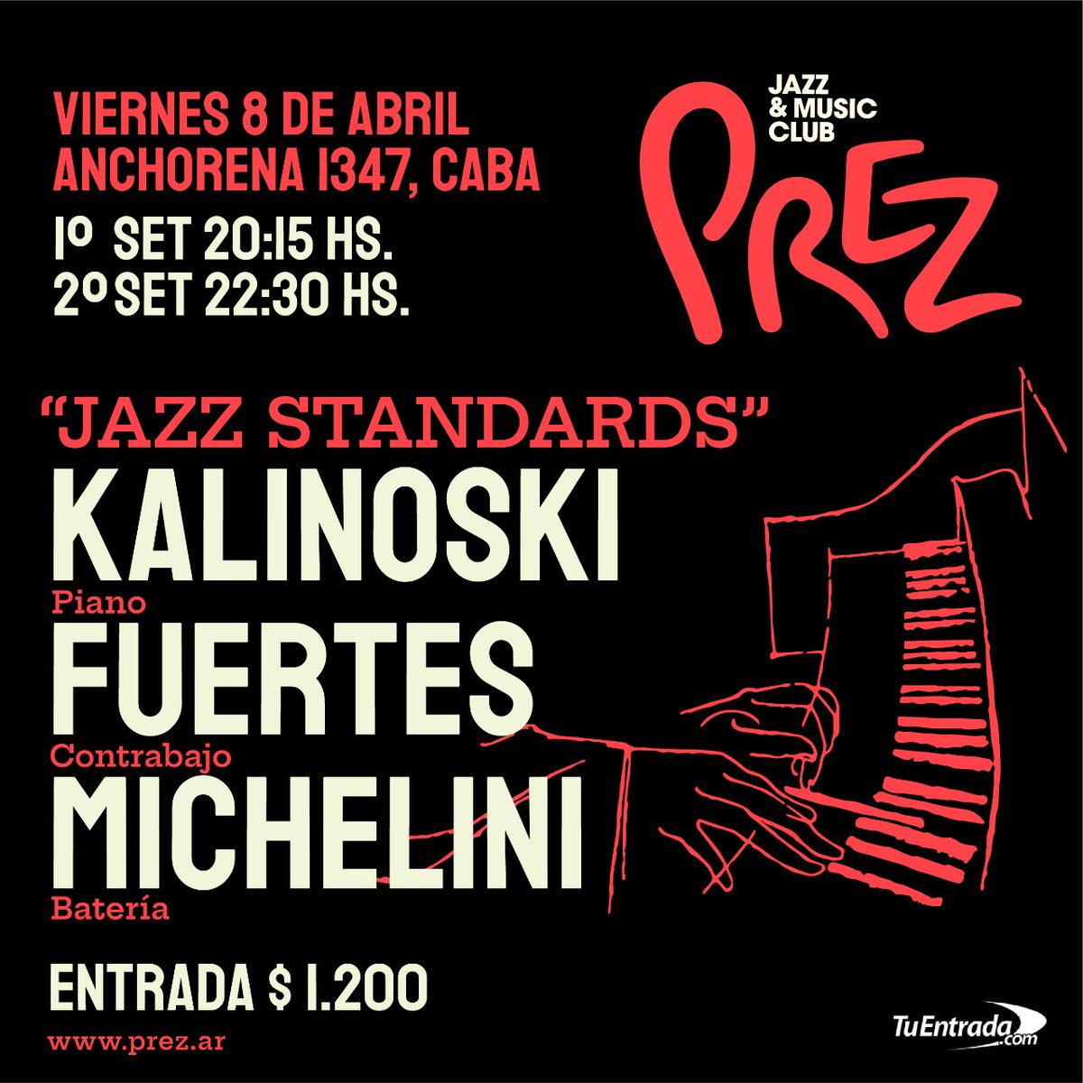Este Viernes 8 de abril en "Prez" se viene un nuevo trío de jazz...
Alejandro Kalinoski (piano)
Gonzalo Fuertes (contrabajo)
Eloy Michelini (batería)
Los esperamos!
Comprá tu entrada en:
tuentrada.com/eventos/detall…
#jazz #jazzmusic