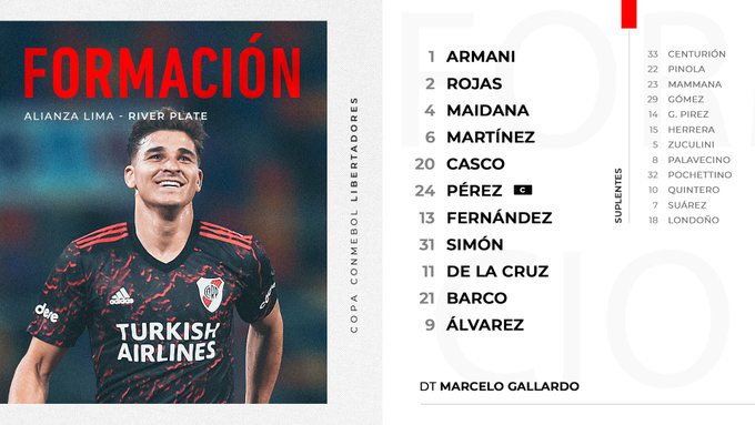 CaRiverMonu's tweet photo. Los once titulares de #River para enfrentar a Alianza Lima: Armani; Robert Rojas, Maidana, David Martínez, Casco; Enzo Pérez; Simón, Enzo Fernández, De La Cruz; Julián Álvarez y Barco. https://t.co/ipPNbrSiAx