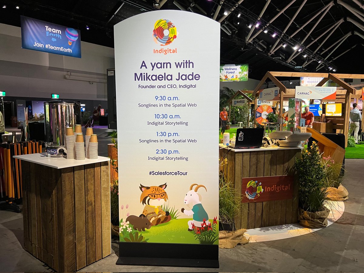 IndigitalEdu's tweet photo. A yarn with Indigital Founder @jade_mikaela at #SalesforceTour kicking off at 9.30 Songlines in the #Spatial Web. Mik will be talking about cultural protocols &amp; why they are important when creating the next version of the web #metaverse  #Web3. @salesforceapac @julietrell https://t.co/25Rpqc38Wd