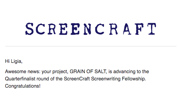 Maria Rojas (@mariastorrsr) on Twitter photo We are very excited to announce that Our Tv Pilot script, GRAIN OF SALT, about an ex-nun in a crisis of faith recruited by the Pope to investigate alleged miracles, is a Quarterfinalist at the ScreenCraft Screenwriting Fellowship.
<a href="/screencrafting/">ScreenCraft</a>
#screenwriting #screenwriters We are very excited to announce that Our Tv Pilot script, GRAIN OF SALT, about an ex-nun in a crisis of faith recruited by the Pope to investigate alleged miracles, is a Quarterfinalist at the ScreenCraft Screenwriting Fellowship.
<a href="/screencrafting/">ScreenCraft</a>
#screenwriting #screenwriters