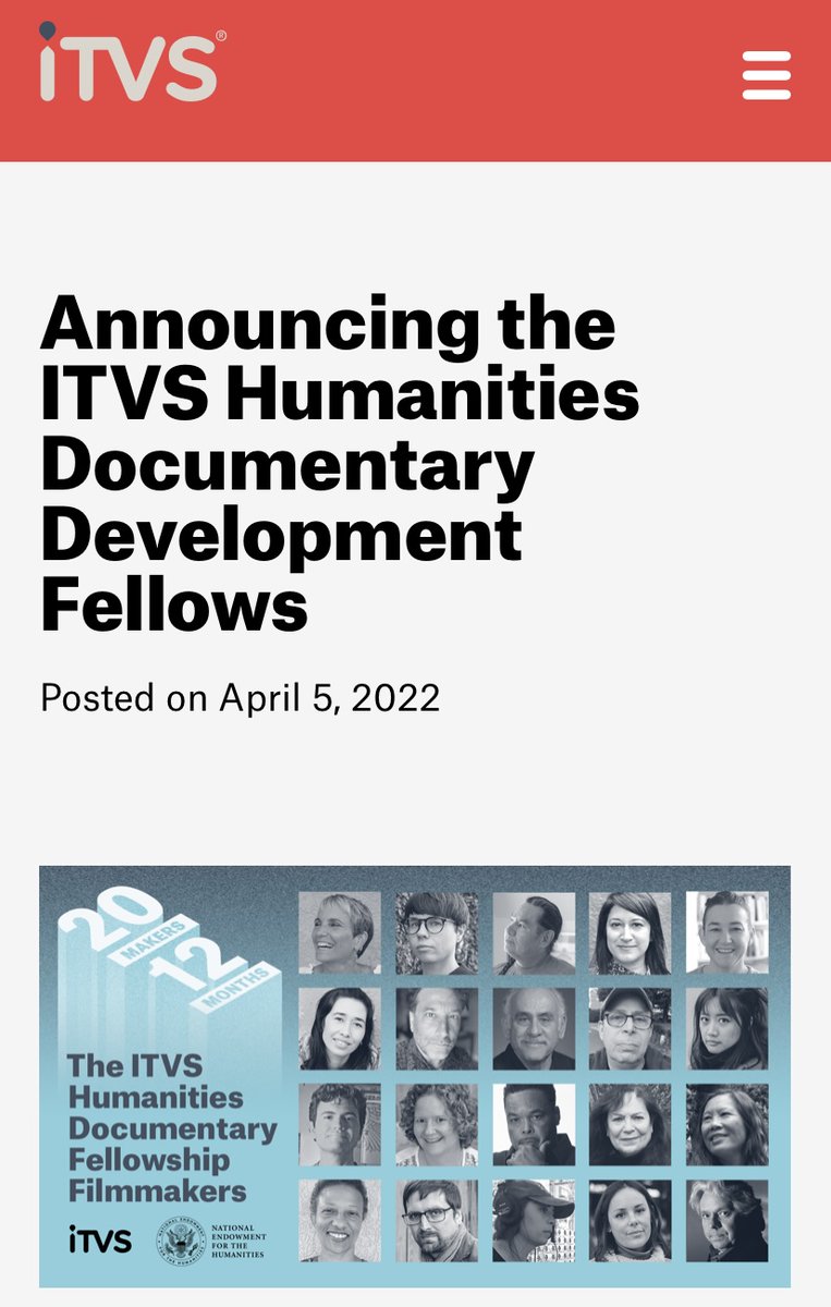 The news is a day late but exciting all the same! I've been awarded an <a href="/ITVSIndies/">ITVS</a> Humanities Documentary Development Fellowship! Funded by <a href="/NEHgov/">National Endowment for the Humanities</a>, this program provides 20 fellows with a 12-month stipend and an advisor. I can't wait to tell you about my new project! stay tuned!