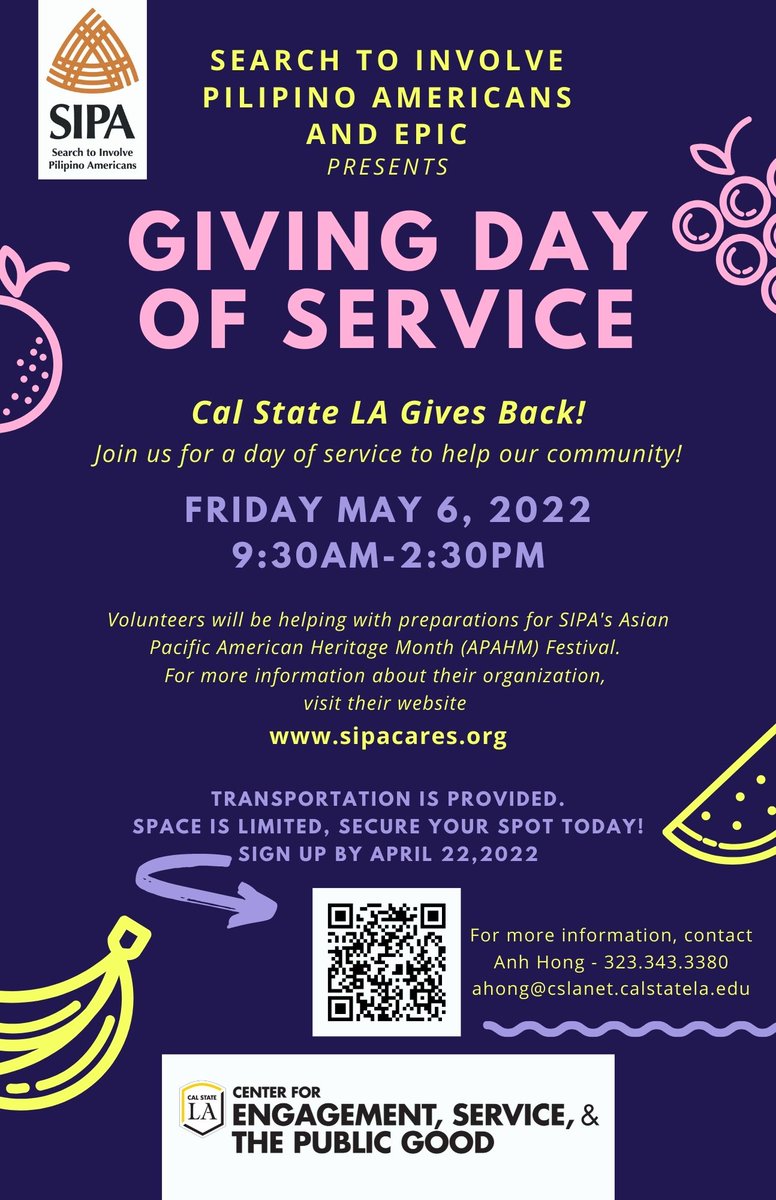 CalStateLAServe's tweet image. Quick reminder that if you need a day of service, SIPA is providing an opportunity on May 6th. Volunteers can help out the community and earn service hours! For more information refer to the website, and remember to log onto eagle connect for all upcoming service events.