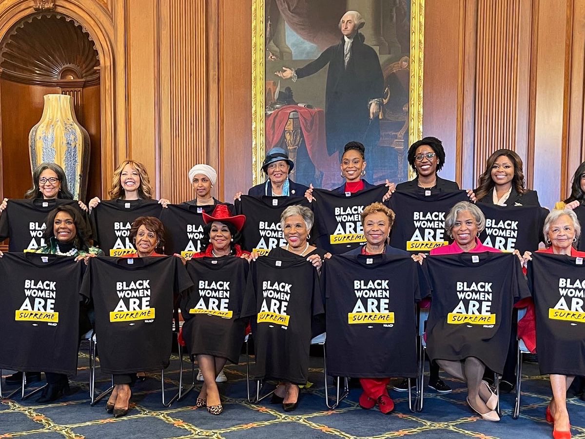 AprilDRyan's tweet photo. On the eve of the anticipated full Senate vote on Ketanji Brown Jackson’s Supreme Court nomination, the #cbc Congressional Black Caucus sports shirts with the words Black Women are Supreme! https://t.co/499XDCkFF2