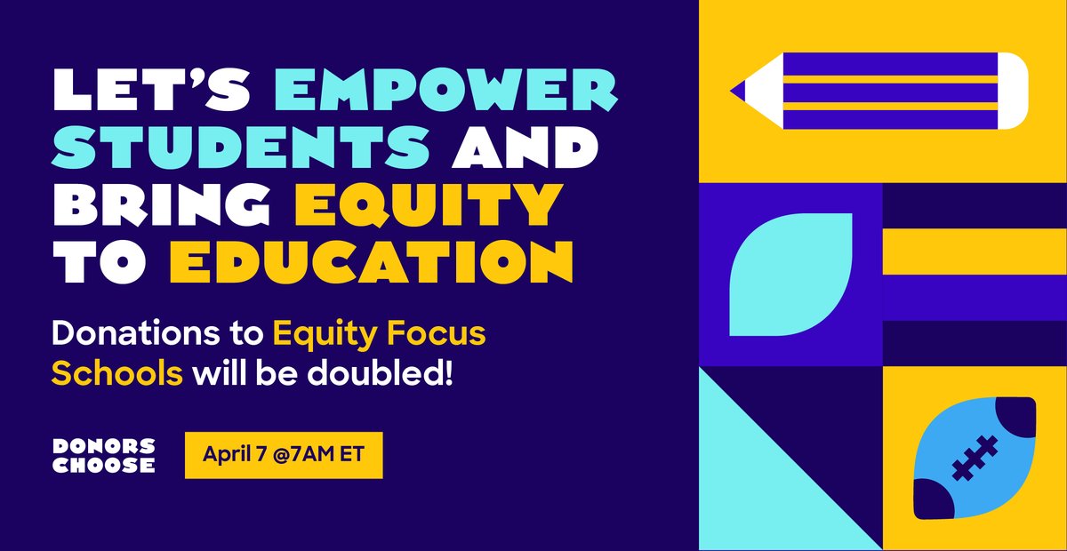 DonorsChoose's tweet photo. Tomorrow starting at 7am ET, your donations to schools that historically have been most underfunded will be matched!

Eager to get started? Follow the link and bookmark a project from an Equity Focus School: https://t.co/35S5If7xbV

#equityineducation https://t.co/taEGfplEZ6