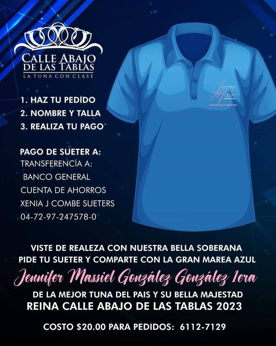 Desde hoy pueden adquirir los suéters de S.M. Jennifer Massiel González González, reina de #CalleAbajoLasTablas 2023.

Valor: B/. 20.00

Pedidos al 6112-7129

#carnavaldelastablas 
#CalleAbajo
#carnavaldelastablas