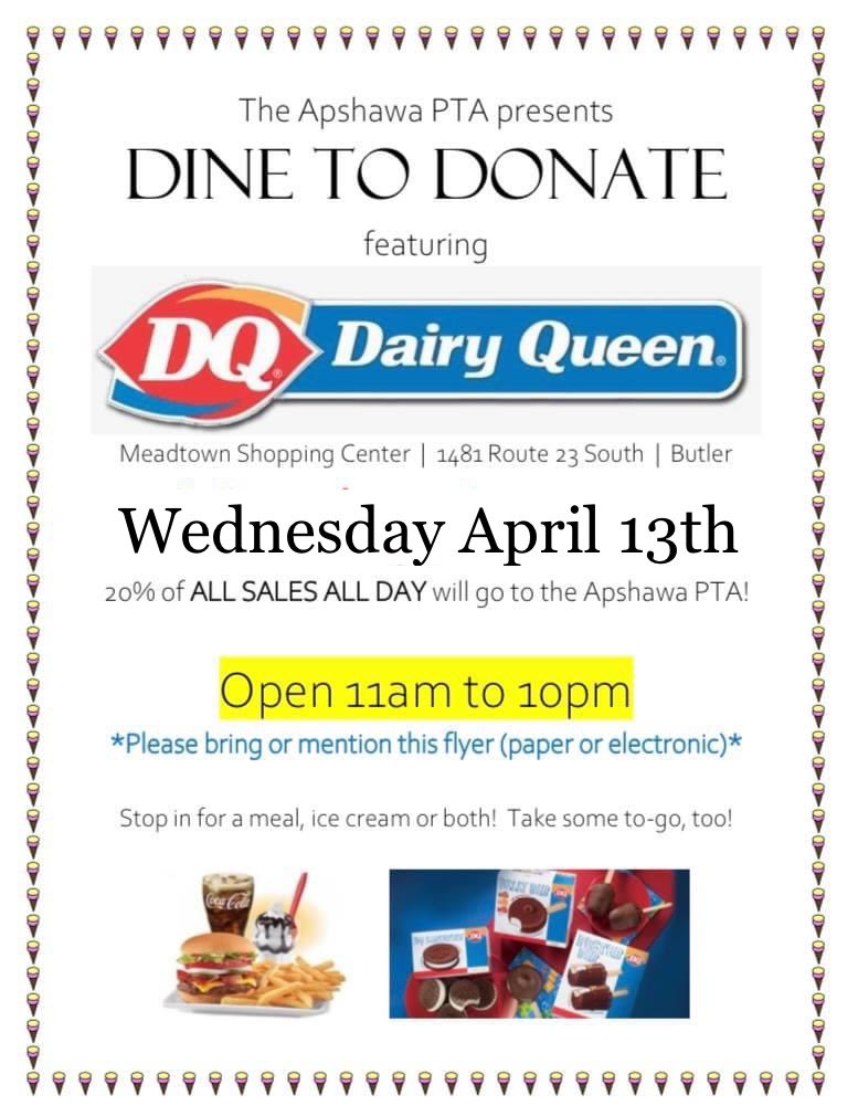 Support the Apshawa Elementary PTA over Spring Break on 4/13 with some delicious food and/or ice cream at the Butler Dairy Queen!  <a href="/colleenleslie24/">Colleen Leslie</a>  <a href="/ApshawaSchool/">Apshawa School</a>  @WestMilfordSupt