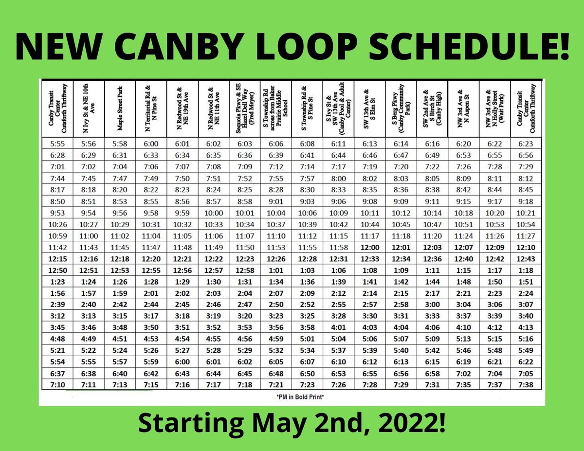 CanbyTransit's tweet photo. Canby Loop Update #2!! Starting May 2nd, 2022 we will have a new schedule for the Canby Loop!!! Check it out!!!! #CanbyLoop #CAT @CityofCanbyOR https://t.co/E1Ch7iDzaQ