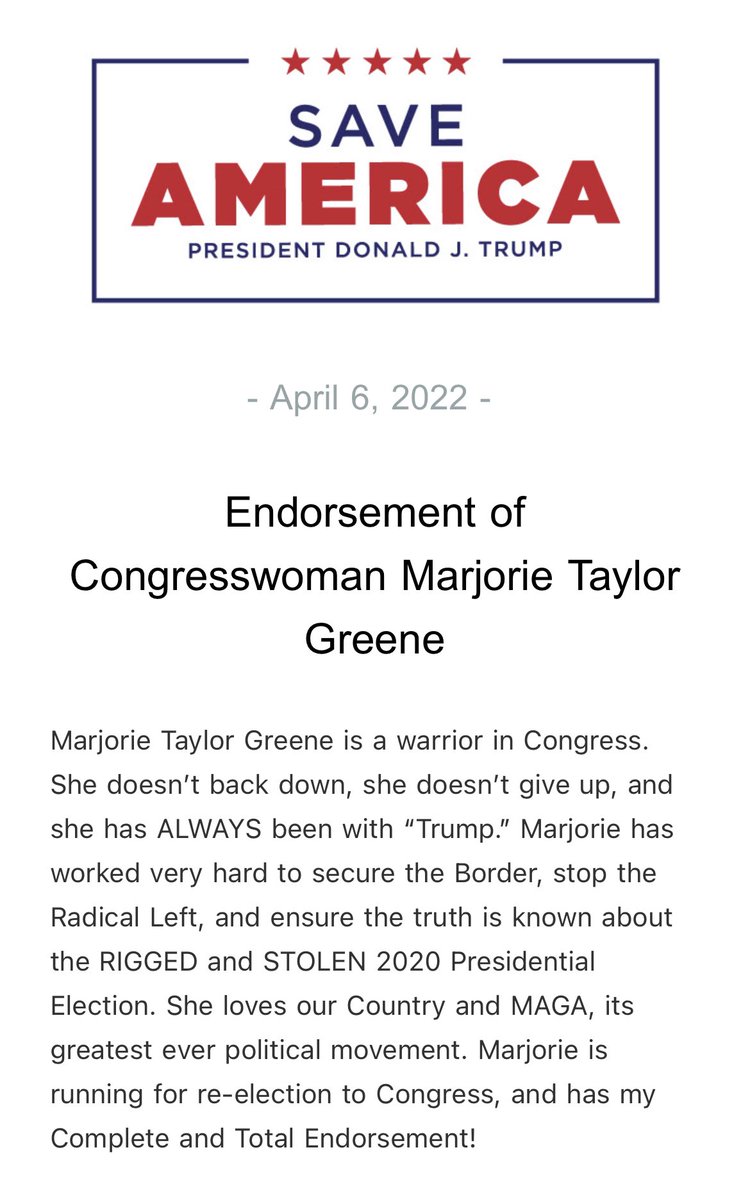 realLizUSA's tweet photo. NEW!

President Donald J. Trump announces his endorsement of Congresswoman Marjorie Taylor Greene https://t.co/0i0IRVPAPv