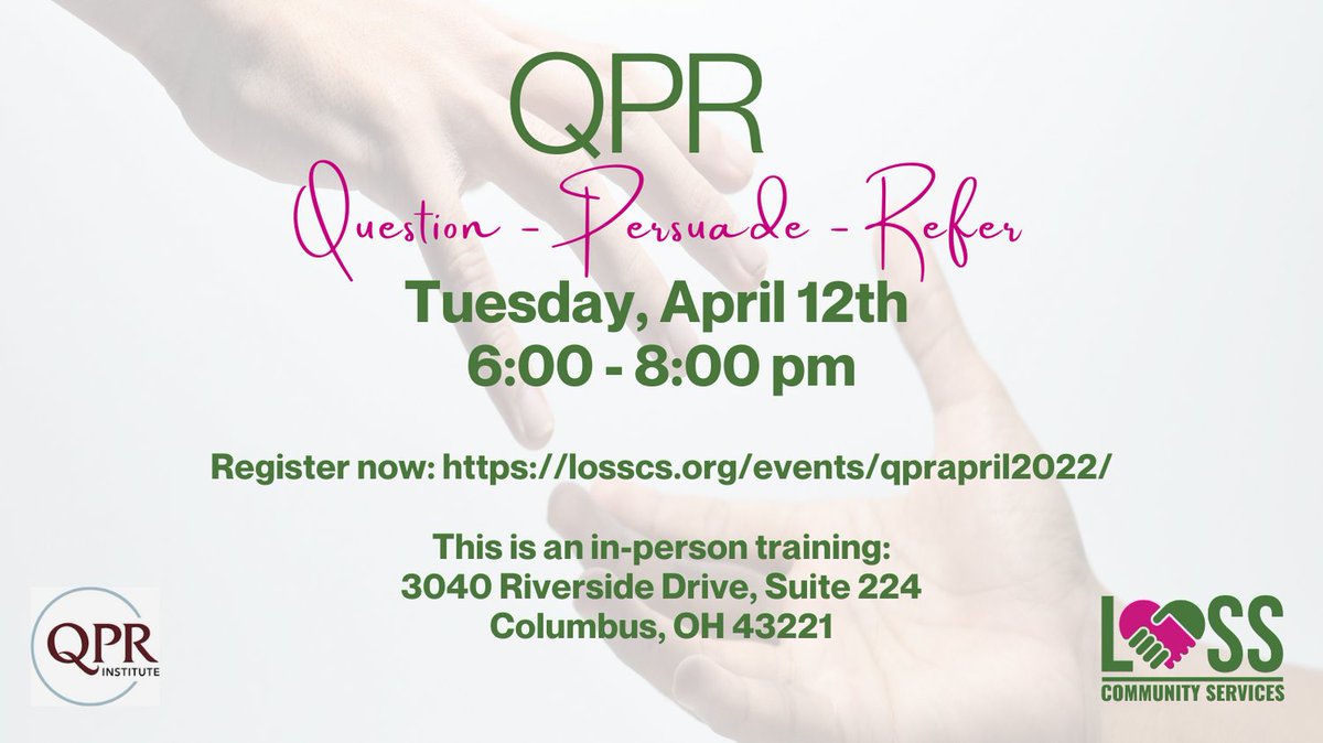 LOSS_CS_'s tweet image. Join LOSS 4/12, 6-8 pm for QPR (Question, Persuade, and Refer) Gatekeeper Training. QPR is  designed to teach the warning signs of a suicide crisis and how to respond. Register here: losscs.org/events/qprapri…

#QPR #SuicidePrevention #SuicidePostvention #SuicideAwareness #LossCS