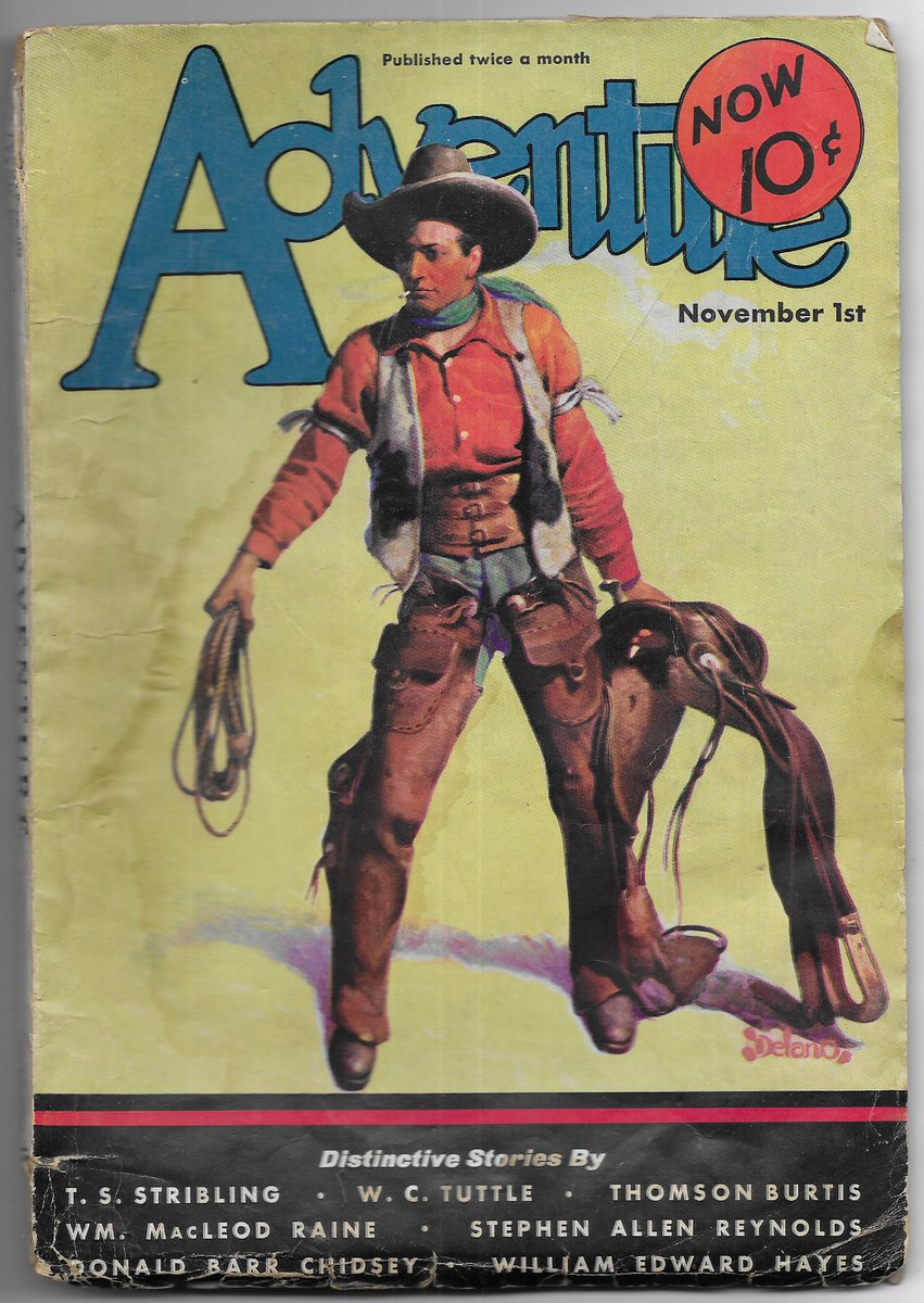 cmacfin's tweet photo. This 1932 issue of #Adventure cover was done by Gerald C. Delano featured articles by W C Tuttle, William MacLeod Raines and Donald Barr Chidsey. Not categorized as a #Westernpulp because of the occasional Sea Story it featured many great Western writers through it's long run. https://t.co/obcRcRBqso