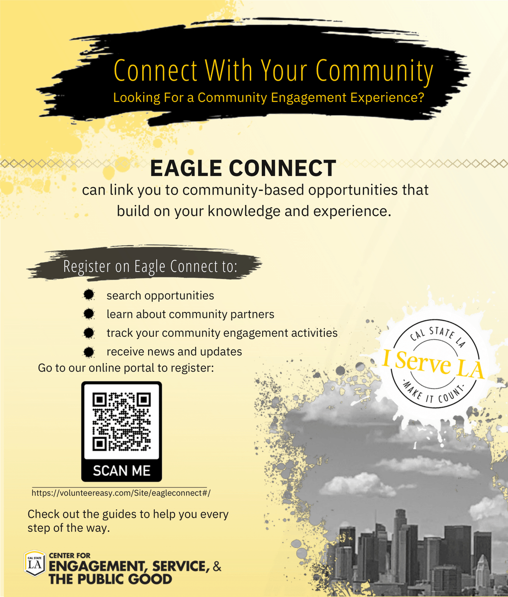 CalStateLAServe's tweet image. Not sure how to find community service opportunities? Eagle connect is a platform dedicated to helping CSULA students connect with our partners, and finding the perfect volunteer opportunities/service days for YOU! Register on our site and see all the community events available!