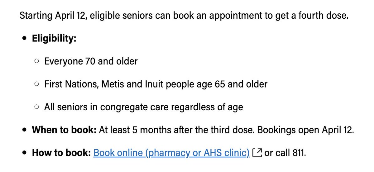 ab_vax's tweet photo. Lots of vax news in AB today:
-Expanded access for 4th doses as of April 12 (see screenshot for eligibility) 
-Novavax now available for 18+ (tell anyone who was avoiding mRNA!)
-Moderna available for ages 6-11 starting April 12

Check in with the seniors in your life!
#COVID19AB https://t.co/0TuNxjFAna