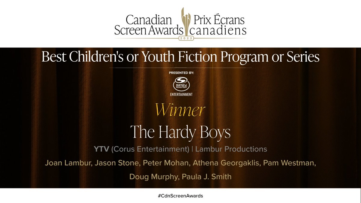 TheCdnAcademy's tweet image. The winner of Best Children’s or Youth Fiction Program or Series presented by @SpinMaster, is “The Hardy Boys.” Congratulations! @YTV #CdnScreenAwards