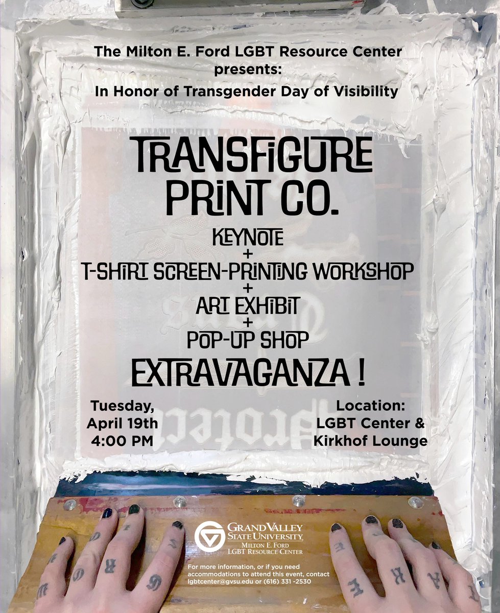 ❗️❗️❗️Due to unforeseen circumstances, our Transgender Day of Visibility Event has been RESCHEDULED FOR TUESDAY, APRIL 19TH. ❗️❗️❗️ 
Join us for a Keynote, Art Show, Pop-up Shop, and Screen-printing Workshop Extravaganza!