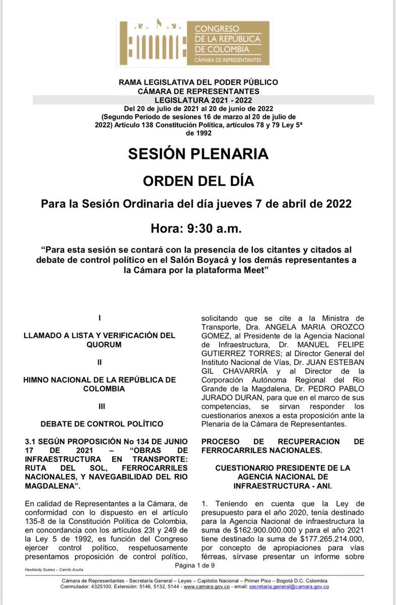 SecreCamaraCol's tweet photo. Buenas noches, nos permitimos publicar orden del día #DebateDeControlPolítico citado para el día jueves 07 de abril de 2022 Hora: 9:30 🕤 a.m., Esta sesión se llevará a cabo con citantes y citados presencial en Salón Boyacá y H. Representantes por plataforma Meet @JenniferAriasF https://t.co/Yq7r5B2A2P