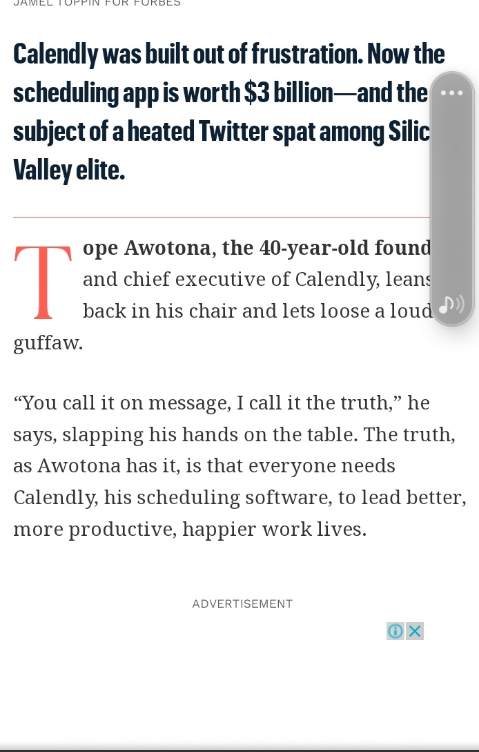 Dmaybellinetimi's tweet photo. Day 5
#30daysofsharing
The latest @Forbes issue written by staff writer; Amy Feldman on the rise of @Calendly boss, Tope Awotana. The Founder of Nigerian origin says, "the app was borne out of frustration."
The app is currently valued at $3 billion.
#writerslift #forbes https://t.co/TeHAOYgcAj