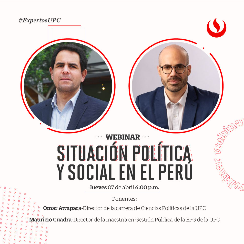 UPCedu's tweet photo. Te invitamos al webinar “Situación política y social en el Perú” a cargo de nuestros #ExpertosUPC @AwaparaOmar y @mcuadramoreno . Conéctate a esta transmisión vía Youtube y Facebook Live.
Fecha: 7 de abril
Hora: 6:00 p.m. https://t.co/vTMOtLakgw