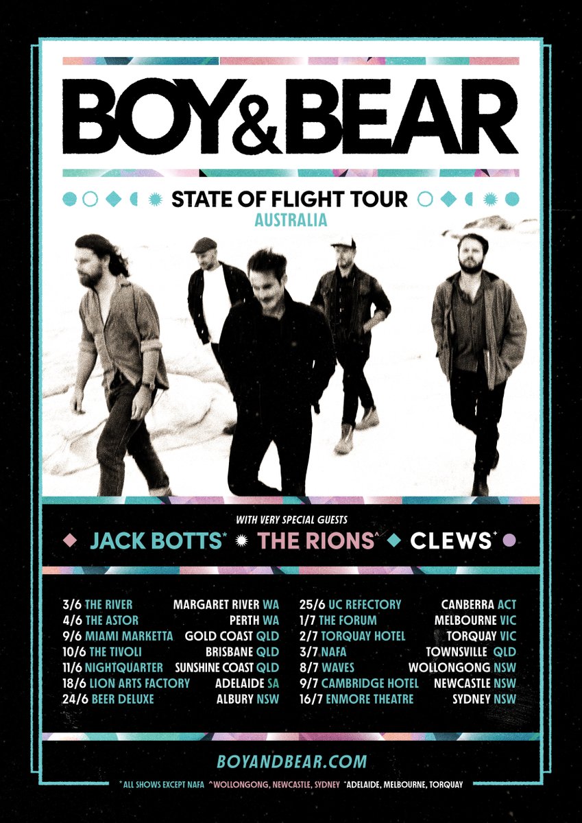 Australian National Tour here we come! Tickets on-sale Wednesday at 10am. Can't wait to play all of these locations after so long. Also really excited to be bringing <a href="/JackBotts/">Jack Botts</a>, @therions2  and <a href="/clewsmusic/">CLEWS</a>  on the road with us. All amazing artists. See you at a show soon!