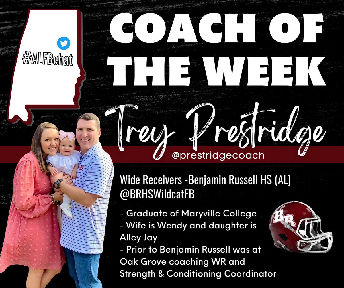 J.D. Atkins (@coach_jd_atkins) on Twitter photo #ALFBChat Coach of the Week
Trey Prestridge @prestridgecoach
Wide Receivers
Benjamin Russell HS (AL) <a href="/BRHSWildcatFB/">Benjamin Russell Wildcat Football</a>
Mentors: <a href="/Charlie_Travis/">Charlie Travis</a> @CoachChait
Coaches to Know: <a href="/CoachThomasOC/">Andrew Thomas</a> <a href="/Coach_JD_Atkins/">J.D. Atkins</a>
#ALFBChat is back tomorrow at 8pm CST! <a href="/CoachLundberg/">David Lundberg</a>
<a href="/GameDayGraphic2/">ⒼⓐⓜⓔⒹⓐⓨ Ⓖⓡⓐⓟⓗⓘⓒⓢ</a> #ALFBChat Coach of the Week
Trey Prestridge @prestridgecoach
Wide Receivers
Benjamin Russell HS (AL) <a href="/BRHSWildcatFB/">Benjamin Russell Wildcat Football</a>
Mentors: <a href="/Charlie_Travis/">Charlie Travis</a> @CoachChait
Coaches to Know: <a href="/CoachThomasOC/">Andrew Thomas</a> <a href="/Coach_JD_Atkins/">J.D. Atkins</a>
#ALFBChat is back tomorrow at 8pm CST! <a href="/CoachLundberg/">David Lundberg</a>
<a href="/GameDayGraphic2/">ⒼⓐⓜⓔⒹⓐⓨ Ⓖⓡⓐⓟⓗⓘⓒⓢ</a>