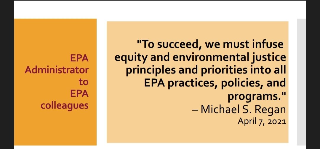 R_Catalysts's tweet photo. Presentation premise, where state &amp; local agencies to have similar pursuits per federal EPA.

"To succeed, we must infuse equity and environmental justice principles and priorities into all EPA practices, policies, and programs." @EPAMichaelRegan, April 7, 2022 to @EPA colleagues https://t.co/1bbYENxNEm