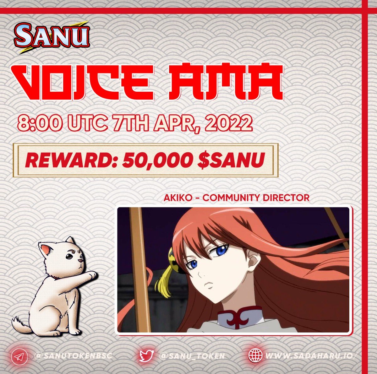 ASK US ANYTHING ON SANU OFFICIAL🔔

🎤Special Guest: Ms. Akiko - Community Director 
⏰Time &amp; Date: 8:00 UTC 7th Apr, 2022
📍Venue: t.me/SanuToken_BSC 
🤑Prize pool: 50,000 $SANU
   
🏃 Just 3 HOURS left to countdown! Mark your calendar now to put $SANU on your pocket now!