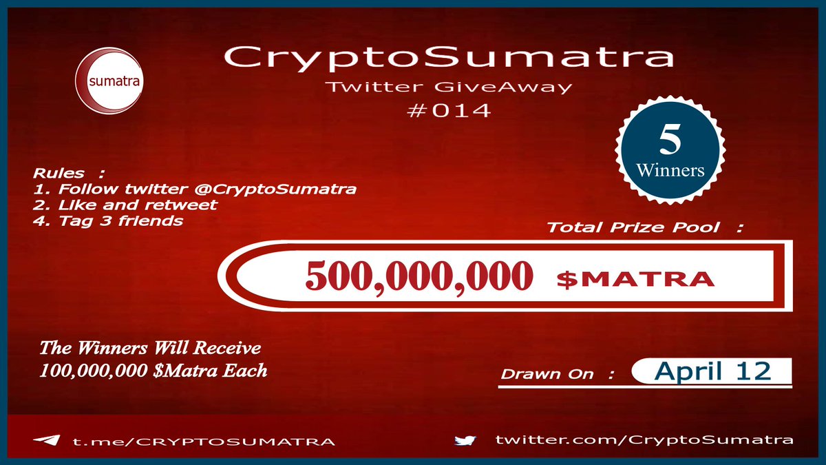 CryptoSumatra's tweet photo. CryptoSumatra GIVEAWAY 014 ✨

Will pick random 5 winners to win 100,000,000 $MATRA each

Rules :
-follow @cryptosumatra
-like and retweet
-tag 3 friends

Drawn on April 12

#giveaway #giveaways #GiveawayAlert #cryptogiveaway #airdrop #airdropalert #Airdrops #AirdropDetective https://t.co/3JUucRqBqq