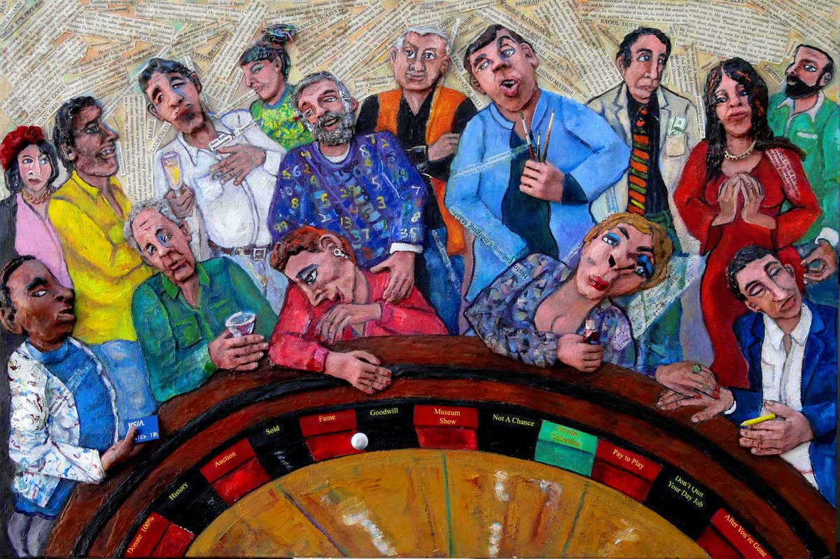 NCalef's tweet photo. "The Critic's Wheel" oil, sculpture, fabric, paper, found objects on canvas, 24" x 36" on display at Makers' Mart Gallery, 580 Green Street, SF -- The walls are coated with art history https://t.co/cW5SDlngCP