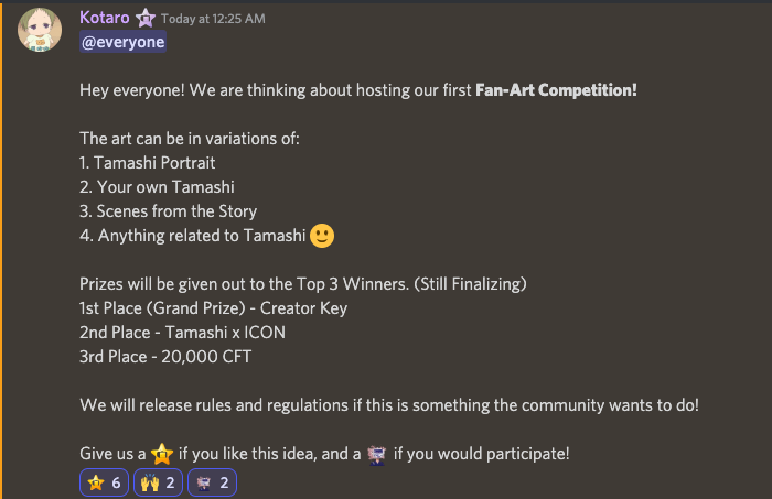 _StudioMirai's tweet photo. We are thinking about hosting a Fan-Art competition! How many of you would considering taking part? Let us know!

Prizes would consist of a Creator Key(Grand Prize), Tamashi x ICON (2nd Place) &amp; 20,000 $CFT (3rd Place) 

Join https://t.co/2jZeNGQrzl, get registered to learn more! https://t.co/IBpGHNe2bc