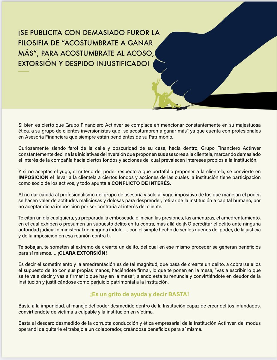 8mactinver's tweet photo. ¡UN GRITO DE AYUDA! Les presentamos un caso más de #acoso , #Extorsion #Abuso #conflictodeintereses en el área de Promoción y Asesoría de @Actinver. @STPS_mx @ErnestinaGodoy_ @FiscaliaCDMX @tsjcdmc @cnbvmx @BIVAMX @BMVMercados https://t.co/flbtV8ZDMx