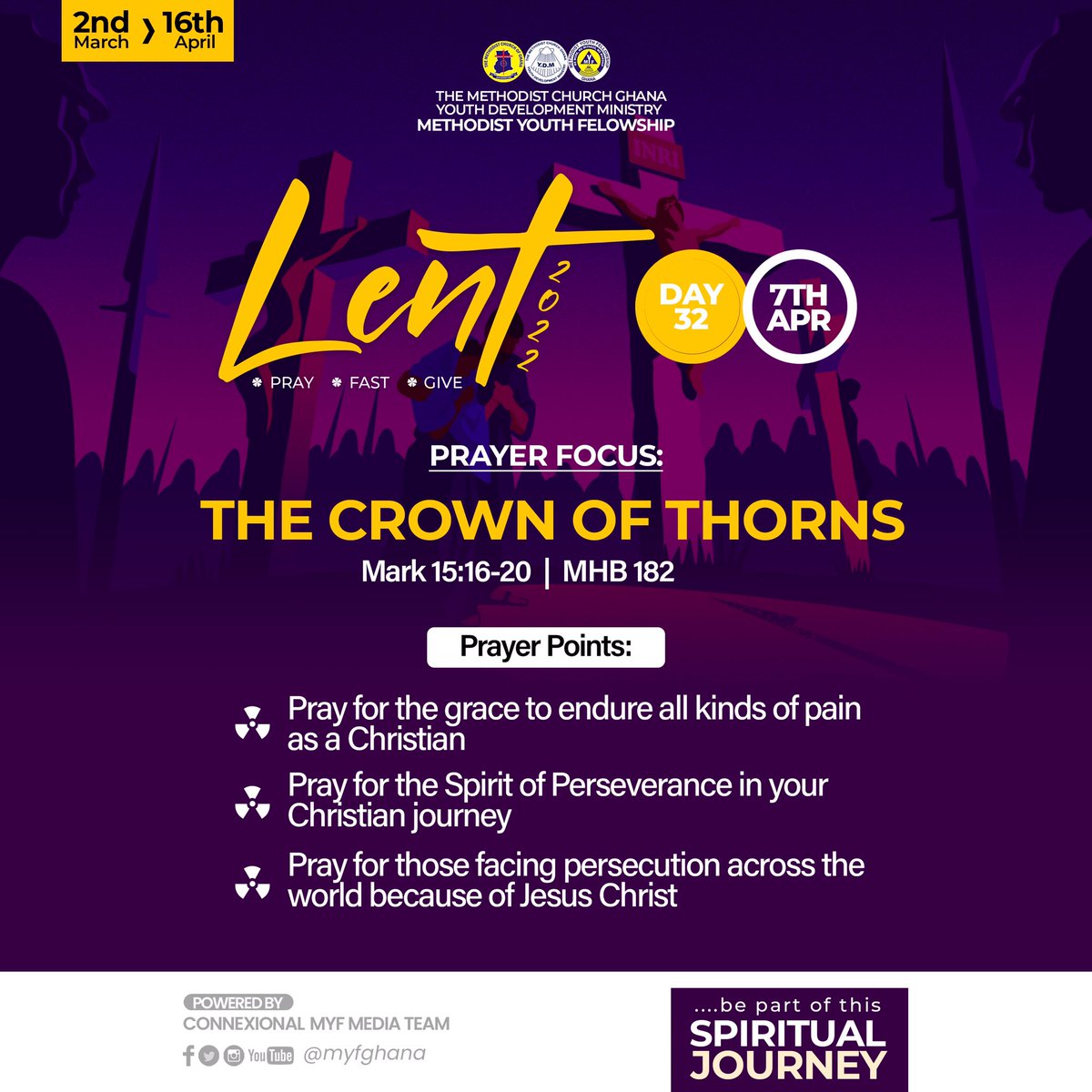 myfghana's tweet photo. Lent Day 32
Prayer Bulletin;
โTHE CROWN OF THORNSโ
#Lent2022
#SpiritualityExercise
#IAmPart
#MyfGhana https://t.co/cBtH3GOAXd