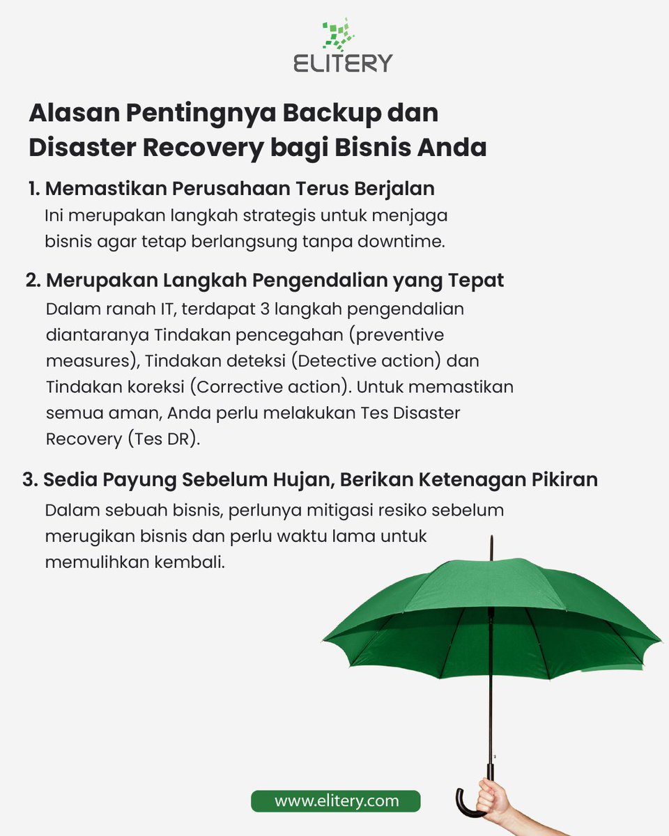 Tahukah Anda bahwa Cloud Backup dan Disaster Recovery itu berbeda loh?Yuk,pahami perbedaannya untuk menjaga keberlangsungan bisnis Anda. 

Konsultasikan secara gratis kebutuhan IT Anda kepada tim IT profesional kami di am@elitery.com dan website elitery.com 

#elitery