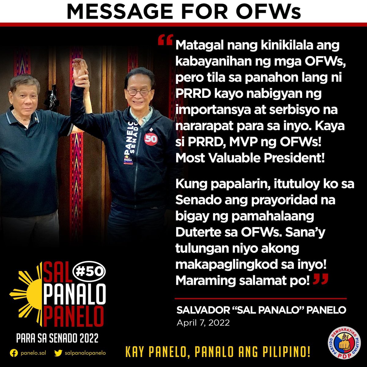 PARA SA MGA KABABAYAN NATING OFWs: 

Matagal nang kinikilala ng bansa ang kabayanihan niyo, pero tila sa panahon lang ni Pangulong Rodrigo Roa Duterte (PRRD) kayo nabigyan ng importansya at serbisyong nararapat para sa inyo. 

Basahin ng buo: facebook.com/10006353165238…