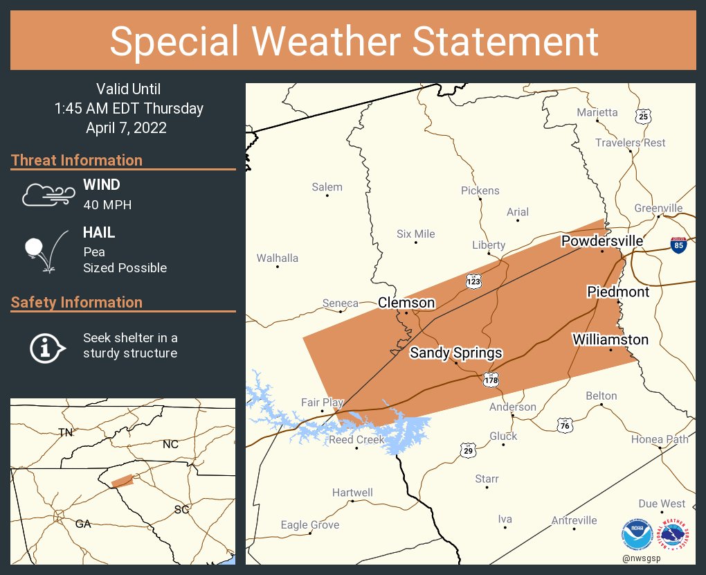 NWS GSP on Twitter "A special weather statement has been issued for Clemson SC, Powdersville SC