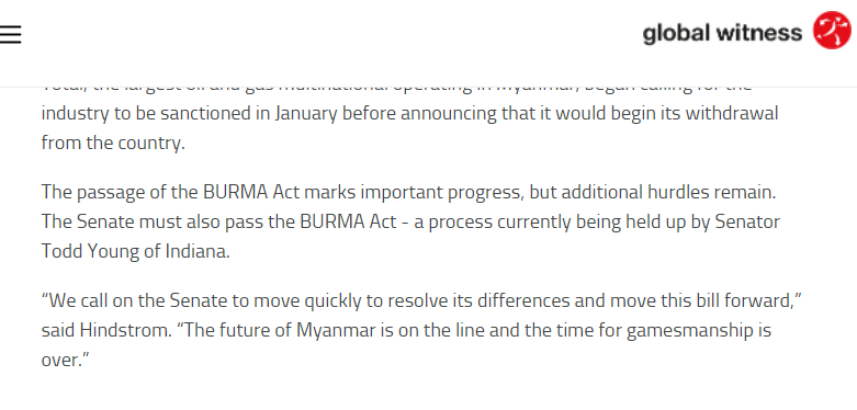 bughermk1's tweet photo. @Global_Witness welcomes US House's passage of BURMA Act but calls out @SenToddYoung (who has previously supported accountability measures re #Myanmar) for holding it up in the Senate. 

https://t.co/2WsWL89ror https://t.co/Fm8DiariHJ
