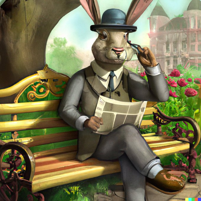 Image Generated by OpenAI DALL E-2: "A rabbit detective sitting on a park bench and reading a newspaper in a victorian setting"