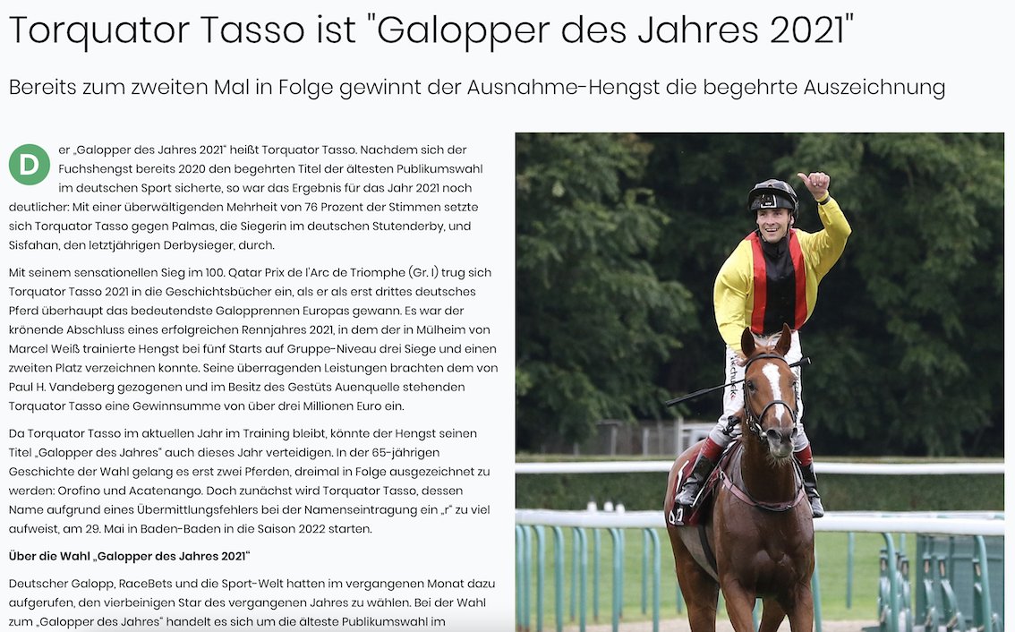 BBAG_Sales's tweet photo. 🐎 TORQUATOR TASSO 🏆🏆
#GalopperdesJahres2021 #ArcWinner @BBAG_Sales
Read more https://t.co/tKtaOnJLJU https://t.co/xjN13yGUDV