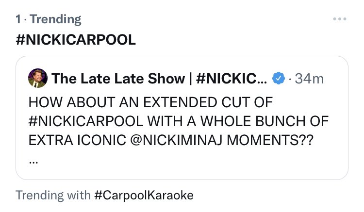 ‼️🚨🎀 #NICKICARPOOL is officially #1 in trending, including with #CarpoolKaraoke 🚨🎀‼️ @NICKIMINAJ