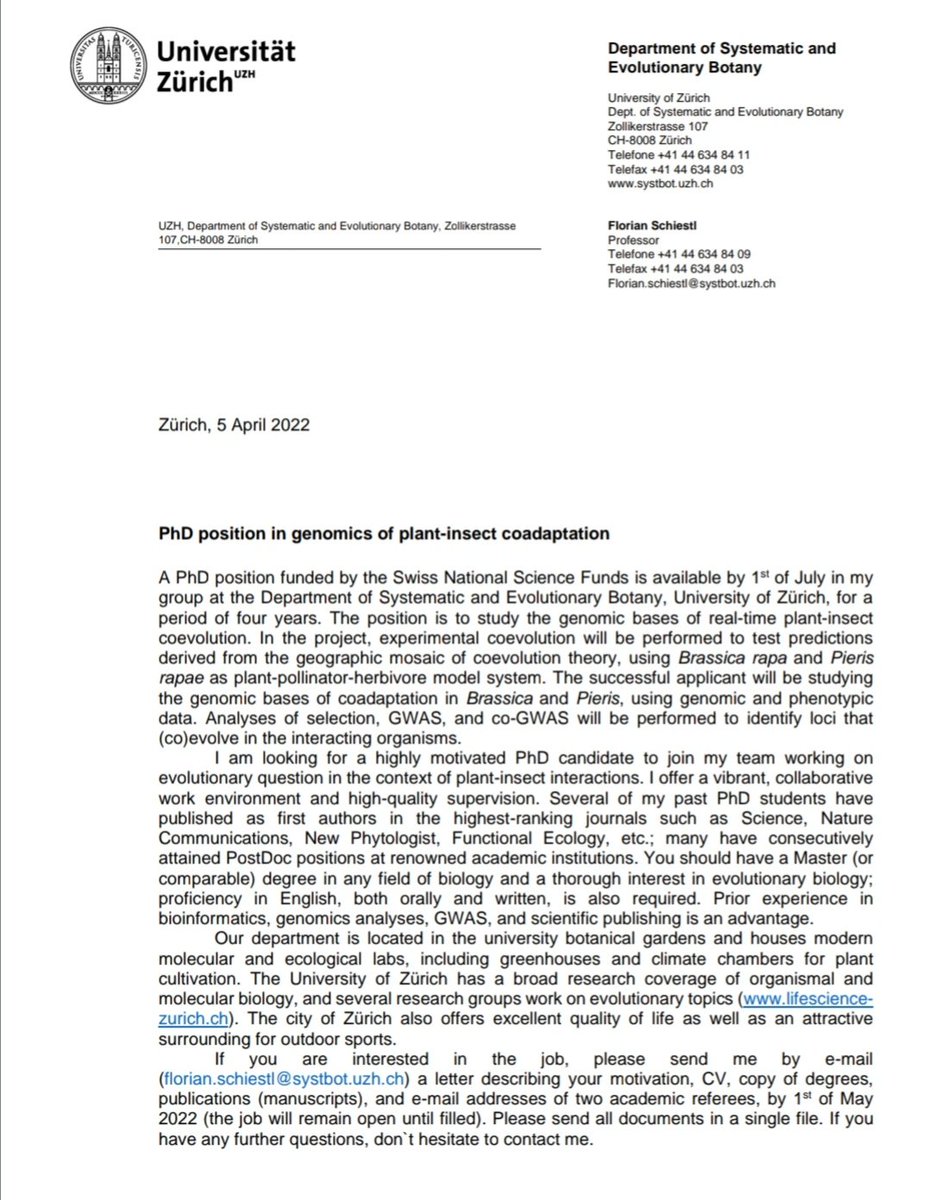 Looking for a PhD position in an amazing group? Interested in plant-insect interactions, coevolution and genomics? Would like to work in the beautiful botanical garden of Zürich? If the answer to any (or some) of the above is "Yes!", then here's what you've been looking for: