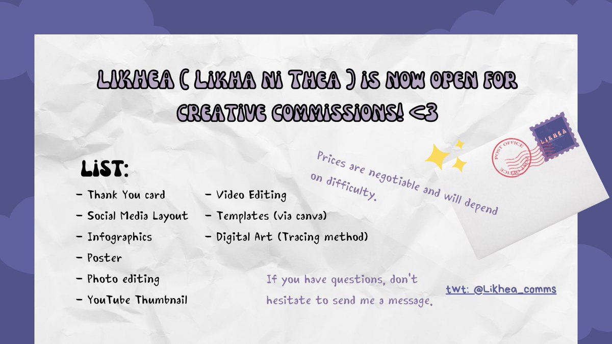 maodiarts's tweet photo. Hello there! @Likhea_comms is now open for creative commissions!
DISCLAIMER: I don’t claim myself as a professional editor. I will work hard and try my very best for a quality output. 💜
🏷 #twtcomms #commissionsopen #Commission #design #editor https://t.co/3TEehkoePP