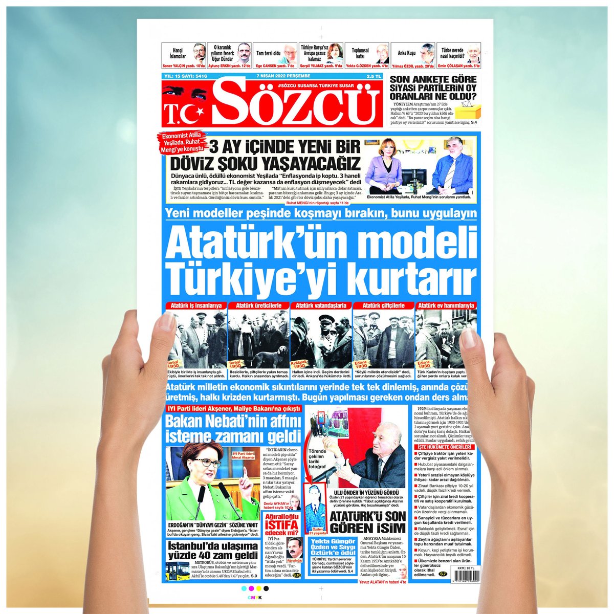 GÜNÜN MANŞETİ 

Yeni modeller peşinde koşmayı bırakın, bunu uygulayın 

ATATÜRK'ÜN MODELİ TÜRKİYE'Yİ KURTARIR 

Atatürk milletin ekonomik sıkıntılarını yerinde tek tek dinlemiş, anında çözüm üretmiş, halkı krizden kurtarmıştı. Bugün yapılması gereken ondan ders almak