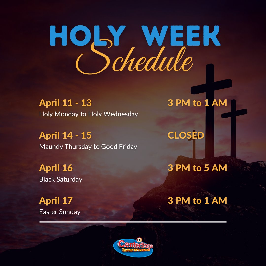 Kindly be advised of our schedule for the Holy Week. 

For reservations and other inquiries, please contact us. 

#CelebrateSafely #HolyWeek2022 #ktvmanila #karaokenight #karaokeph