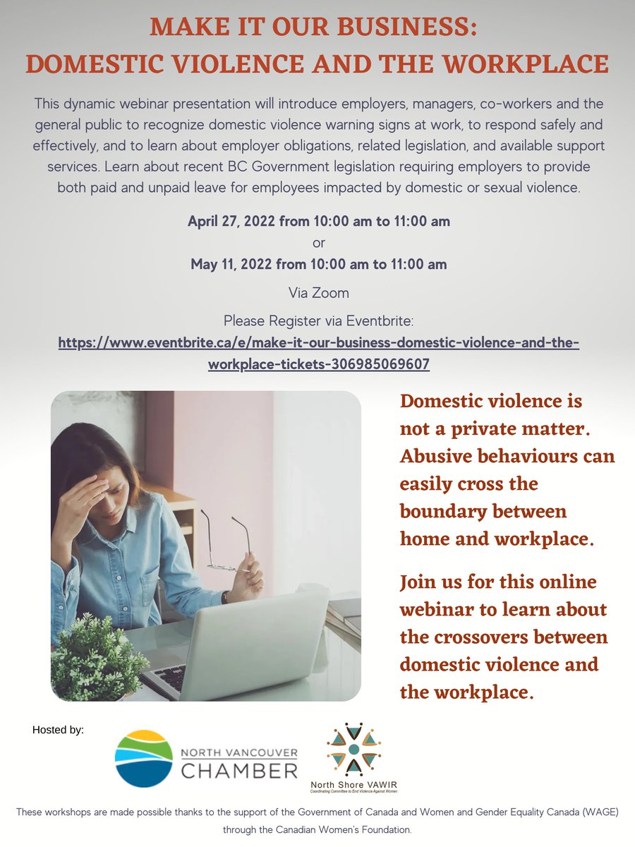 NSVawir's tweet photo. Register for an upcoming webinar about domestic violence and the workplace on April 27 or May 11 and learn about warning signs, employer responsibilities, recent legislation, and more! https://t.co/Q4HbJ4ejQl https://t.co/gkwNj9ZTxF
