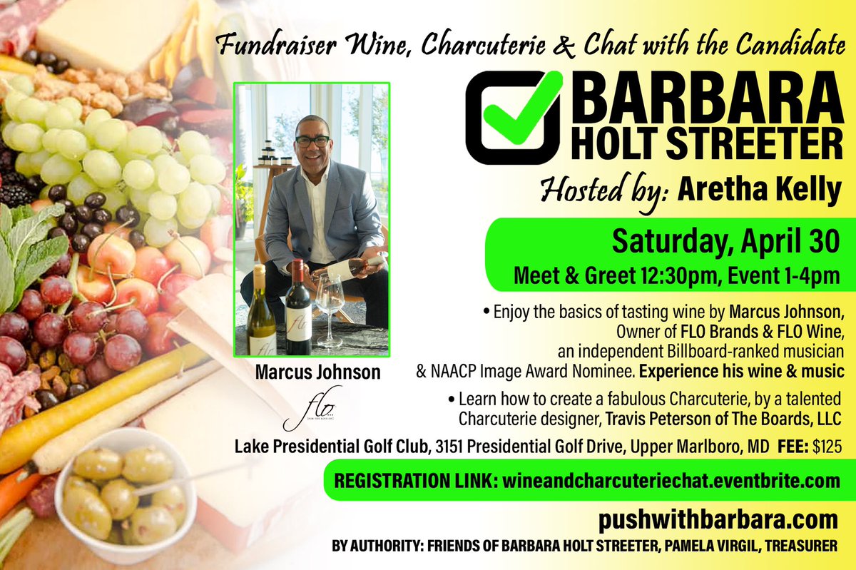 MrsPRProtocol's tweet photo. DATE CHANGE ➡️
NEW DATE April 30 for our #Fundraiser #WineTasting #Charcuterie #ChatWithCandidate experience hosted by Aretha Kelly with guest speakers @MarcusJohnson3k #FloWine and Travis Peterson
Seats are limited ➡️ https://t.co/SPdDrsemeu
#PUSHwithBarbara #District6 https://t.co/0pmrcRxp03