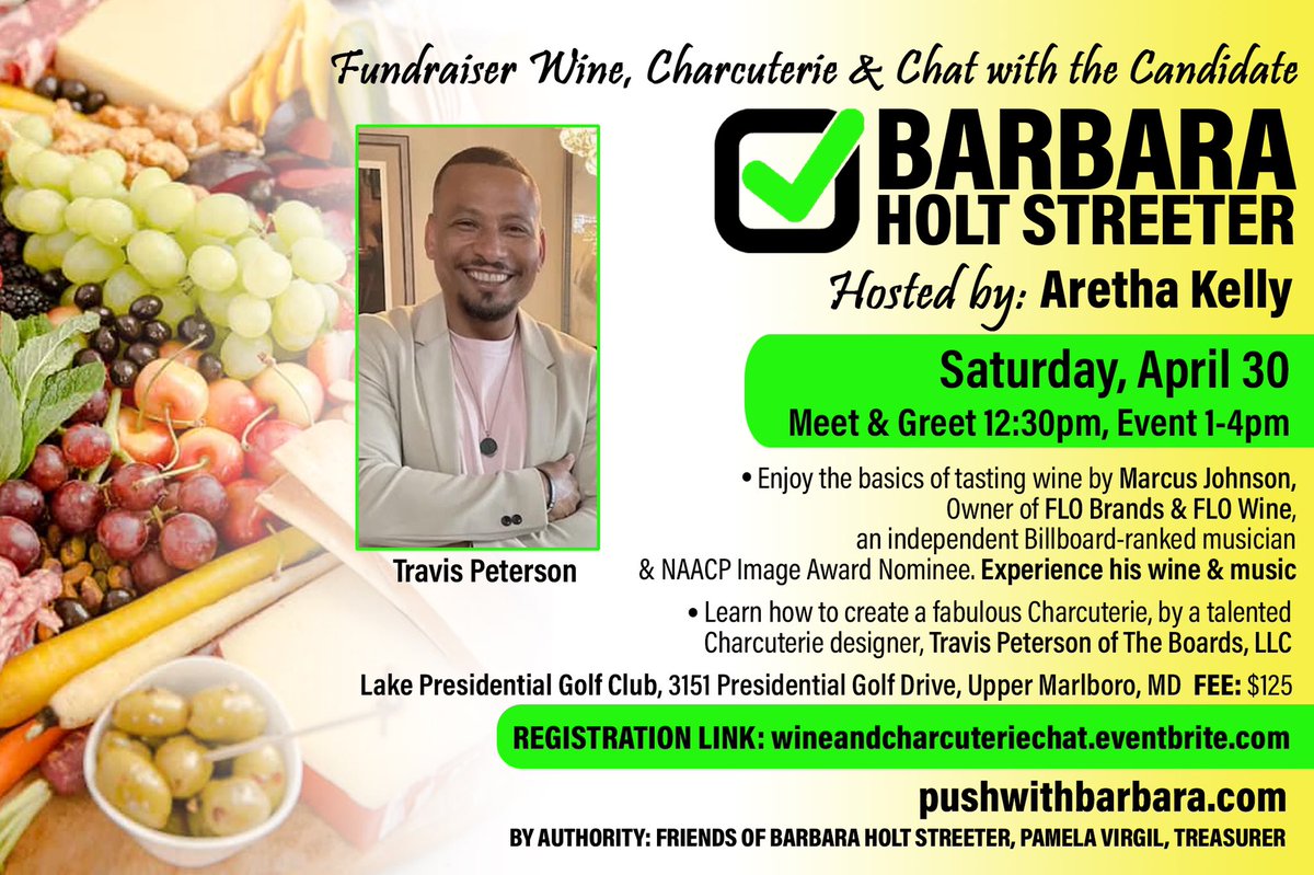 MrsPRProtocol's tweet photo. DATE CHANGE ➡️
NEW DATE April 30 for our #Fundraiser #WineTasting #Charcuterie #ChatWithCandidate experience hosted by Aretha Kelly with guest speakers @MarcusJohnson3k #FloWine and Travis Peterson
Seats are limited ➡️ https://t.co/SPdDrsemeu
#PUSHwithBarbara #District6 https://t.co/0pmrcRxp03