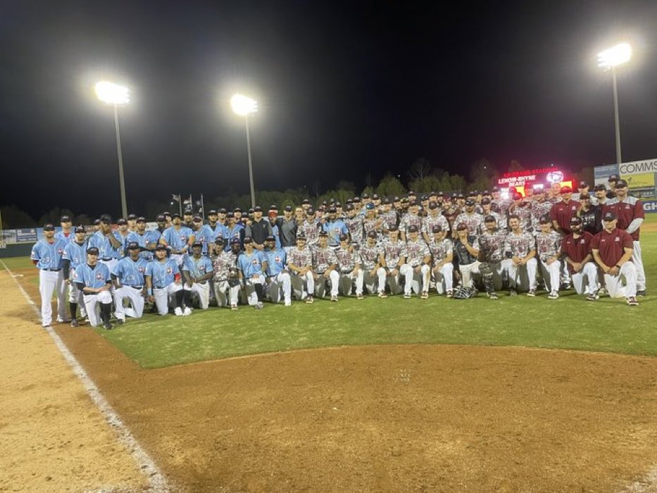 Beautiful moment. The Leonir-Rhyne (<a href="/Baseball_LR/">LR BEARS BASEBALL</a>) baseball team poses for a picture with Texas Rangers High- A affiliate, the Hickory Crawdads, after beating them 3-1 in an exhibition game tonight