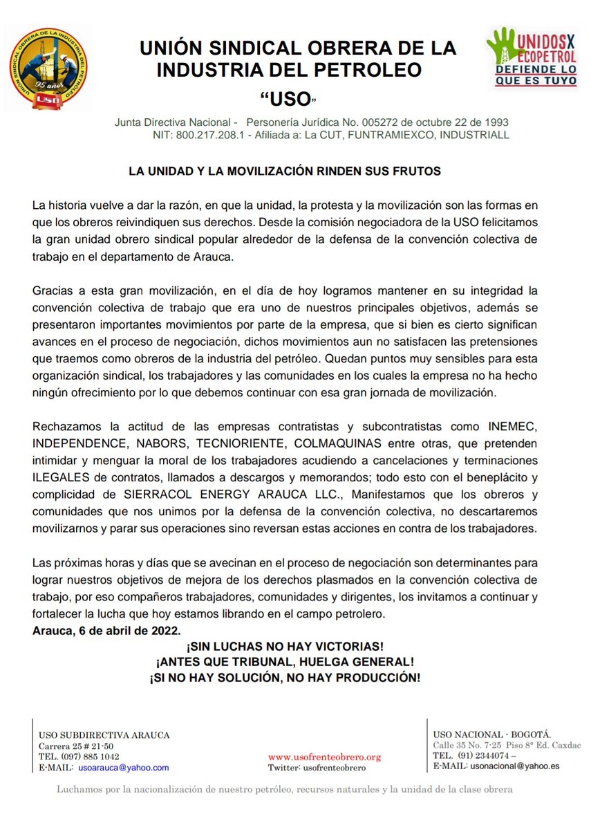 Felicitamos la unidad obrero sindical popular que con unidad y movilización permiten primeros avances en la mesa de negociación.

Aún tenemos derechos por proteger.

Seguimos defendiendo la CCT en la mesa de negociación y en el campo de trabajo