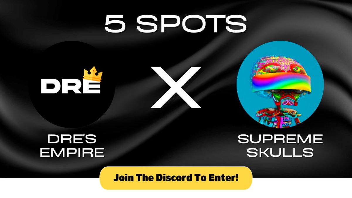 Dre's Empire x Supreme Skulls

<a href="/SkullsPrime/">Supreme Skulls</a> have given us 5x wl spots to giveaway

How to enter:
1. Follow <a href="/SkullsPrime/">Supreme Skulls</a>, <a href="/Dres_Empire/">Dre</a> and <a href="/jmcdoesnfts/">JMC</a> 
2. Like, RT and Tag 3 friends
3. Join the discord: discord.gg/dresempire

Ends in 24 hours!!