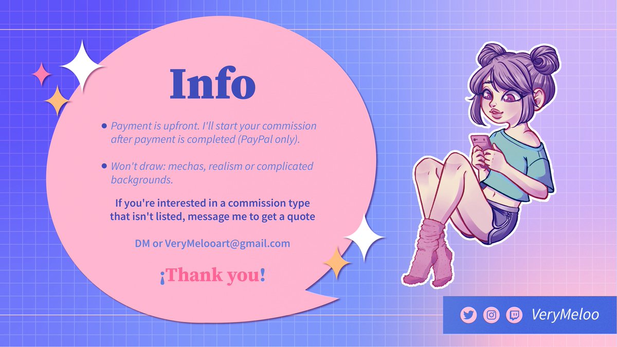 ✨Commissions Open!✨
RTs are appreciated 💜  

Hello amiwos 💖 I'm back uwu and for the people who have asked me, here are my commissions info. If you have any questions you can send me a DM (｡･ ө･｡)

#OpenCommissions #Commissions #OpenCommissions
