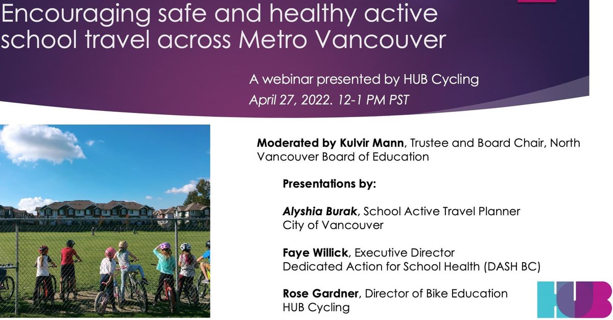 I am excited to moderate this upcoming webinar hosted by @WeAreHub 🚴‍♂️ on Wed April 27 at 12pm. Experts from <a href="/CityofVancouver/">City of Vancouver</a> @DASHBC &amp; HUB are sharing presentations with initiatives that encourage use of active travel to school. Register via ow.ly/LY8750IeAKX #NorthVan 🚸